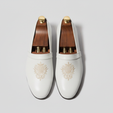 White Leather Tana Embroidered Peshawari Loafers | Wedding Shoes for Groom | Shoes for Haldi Mehendi Sangeet