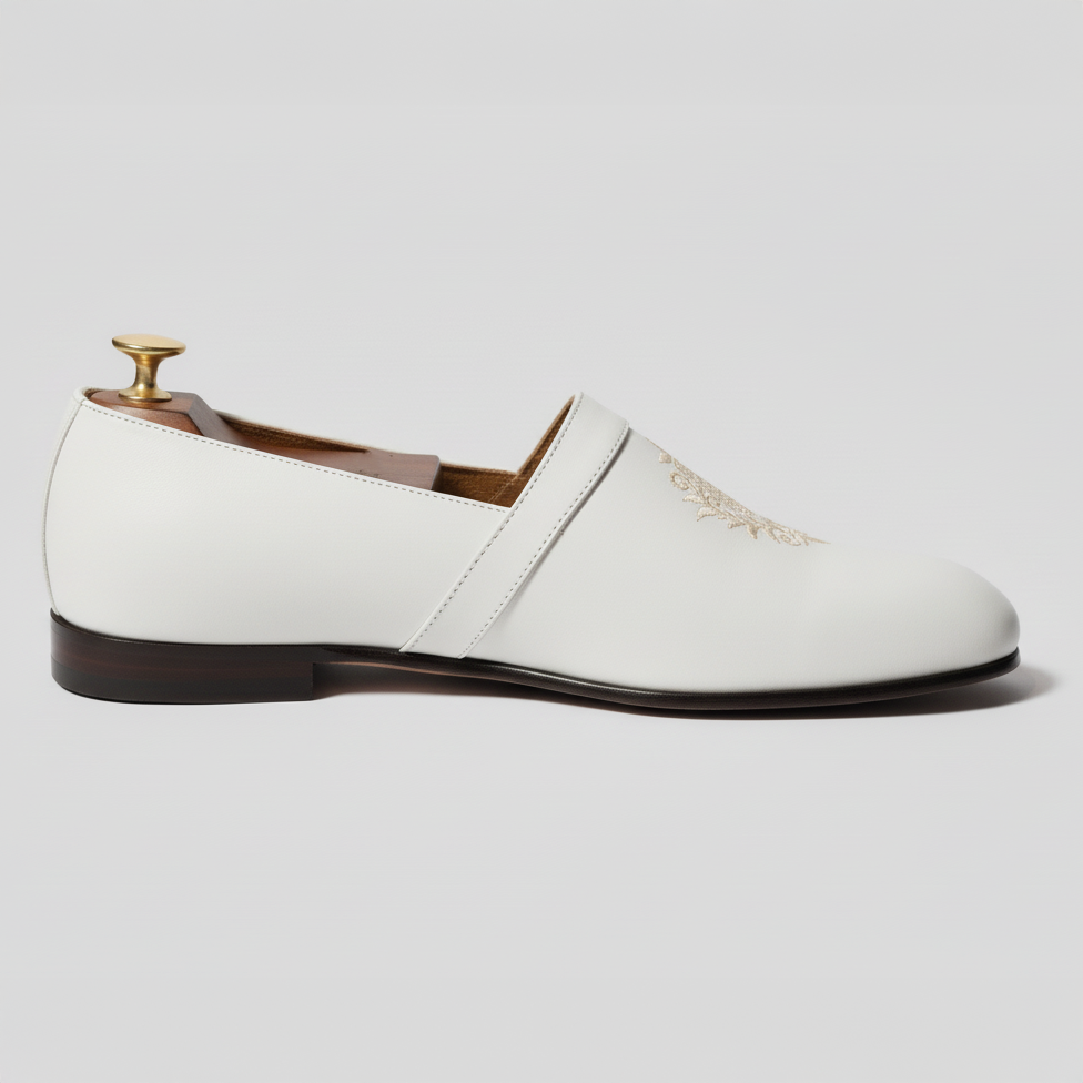 White Leather Tana Embroidered Peshawari Loafers | Wedding Shoes for Groom | Shoes for Haldi Mehendi Sangeet