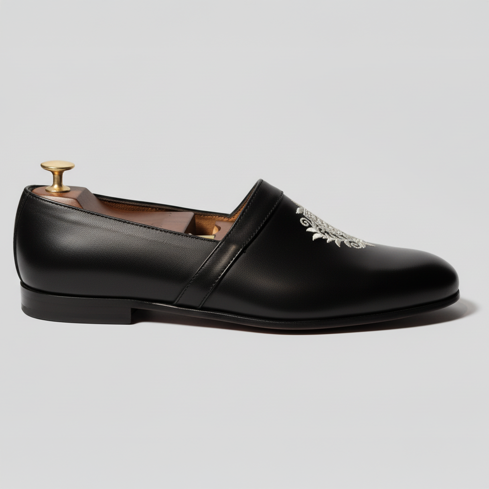 Black Leather Tana Embroidered Peshawari Loafers | Wedding Shoes for Groom | Shoes for Haldi Mehendi Sangeet