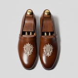 Brown Leather Tana Embroidered Peshawari Loafers | Wedding Shoes for Groom | Shoes for Haldi Mehendi Sangeet