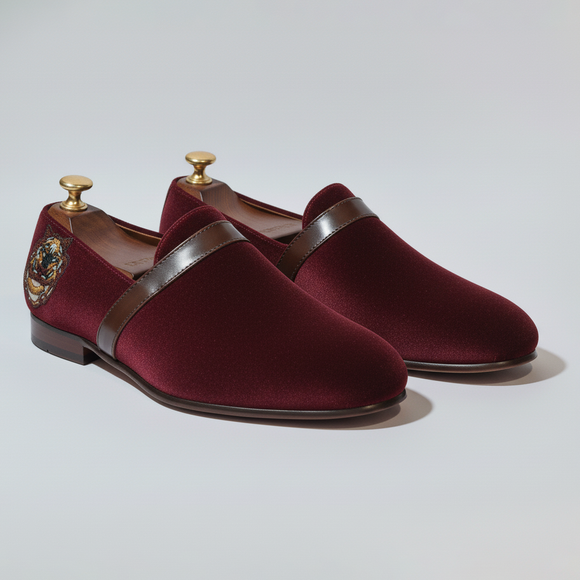 Burgundy Velvet Tana Embroidered Peshawari Loafers | Wedding Shoes for Groom | Shoes for Haldi Mehendi Sangeet