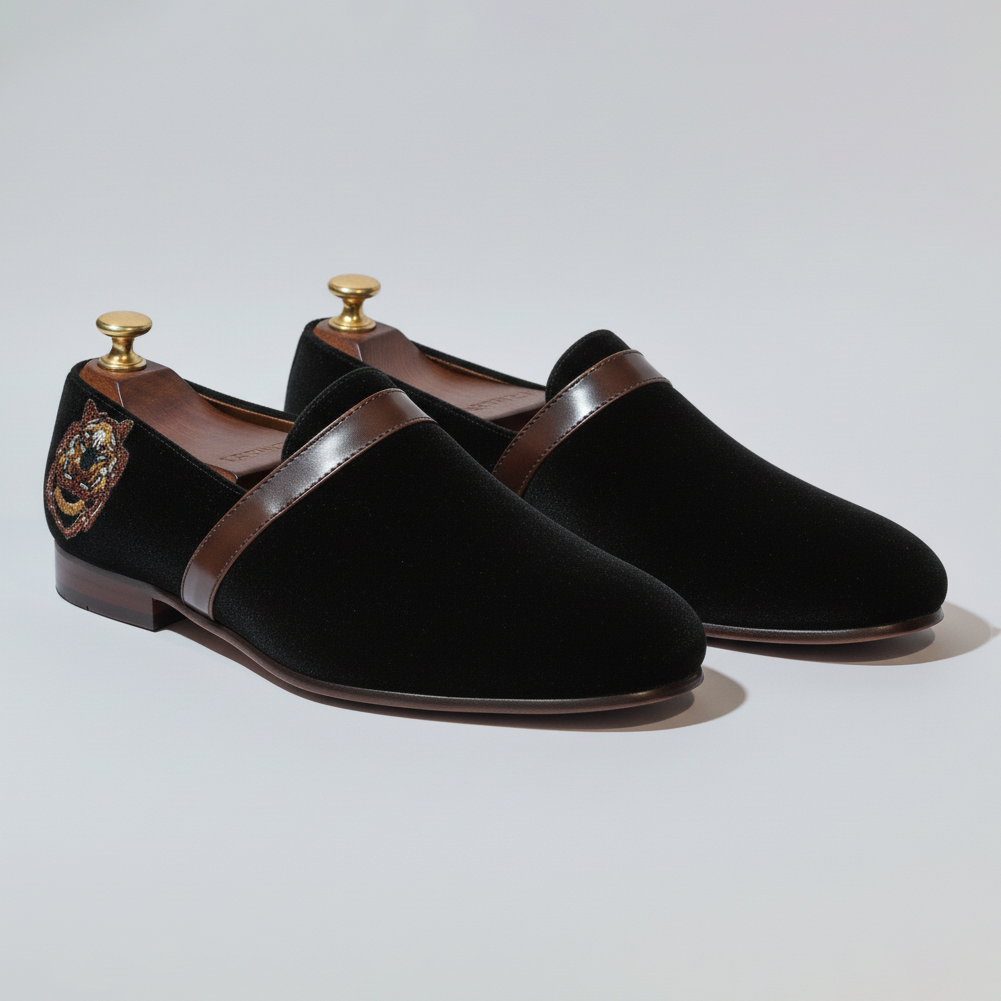 Black Velvet Tana Embroidered Peshawari Loafers | Wedding Shoes for Groom | Shoes for Haldi Mehendi Sangeet