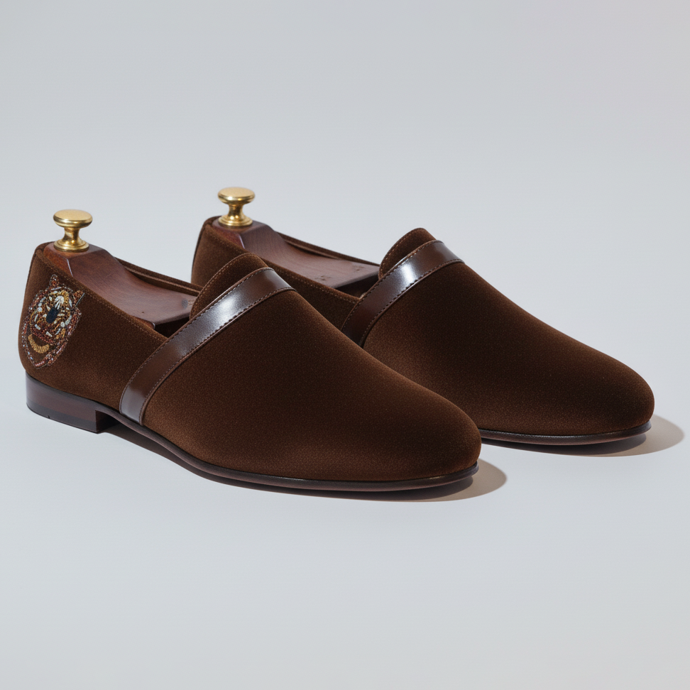 Brown Velvet Tana Embroidered Peshawari Loafers | Wedding Shoes for Groom | Shoes for Haldi Mehendi Sangeet