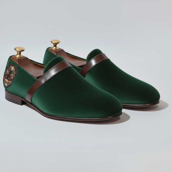 Green Velvet Tana Embroidered Peshawari Loafers | Wedding Shoes for Groom | Shoes for Haldi Mehendi Sangeet