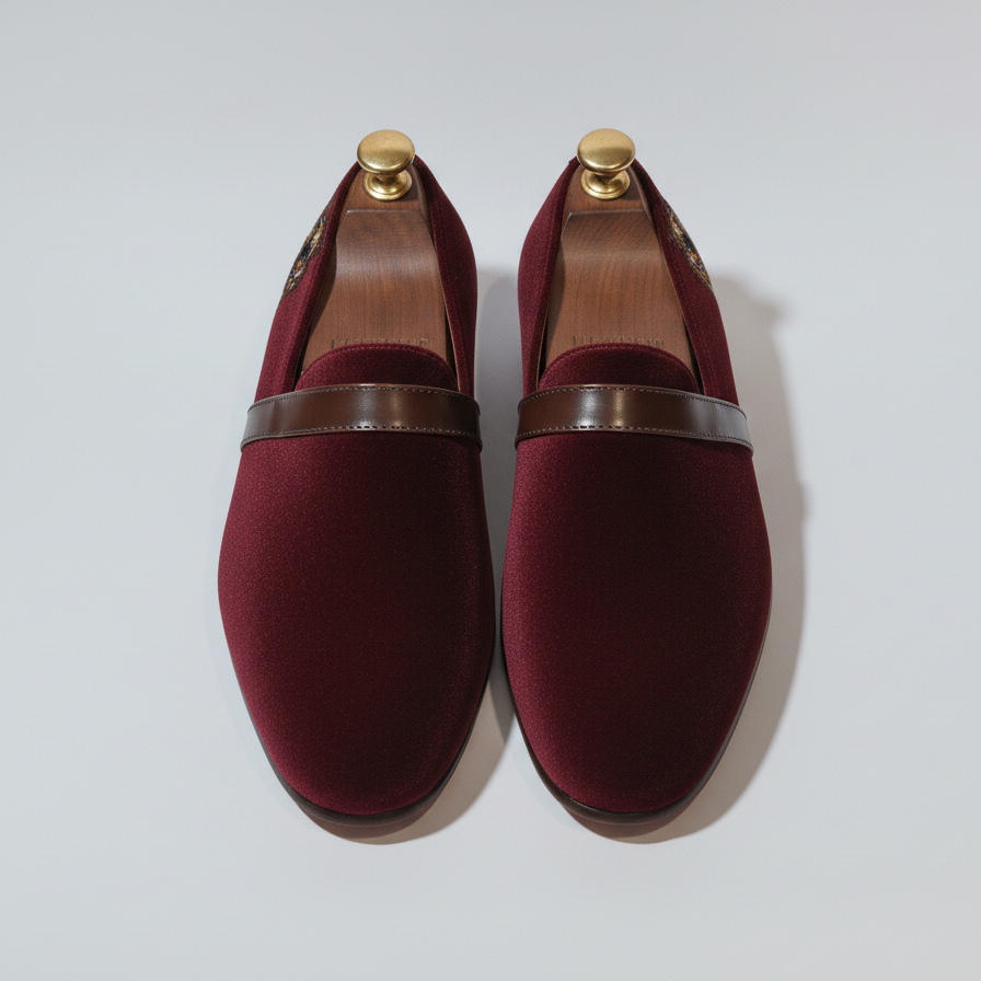 Burgundy Velvet Tana Embroidered Peshawari Loafers | Wedding Shoes for Groom | Shoes for Haldi Mehendi Sangeet