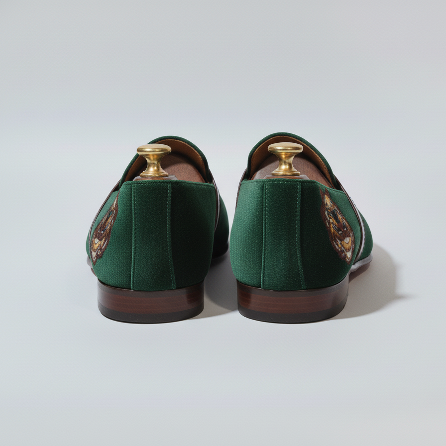 Green Velvet Tana Embroidered Peshawari Loafers | Wedding Shoes for Groom | Shoes for Haldi Mehendi Sangeet