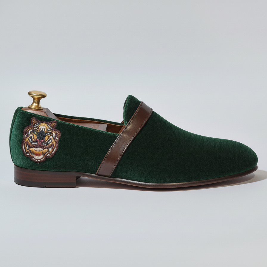 Green Velvet Tana Embroidered Peshawari Loafers | Wedding Shoes for Groom | Shoes for Haldi Mehendi Sangeet