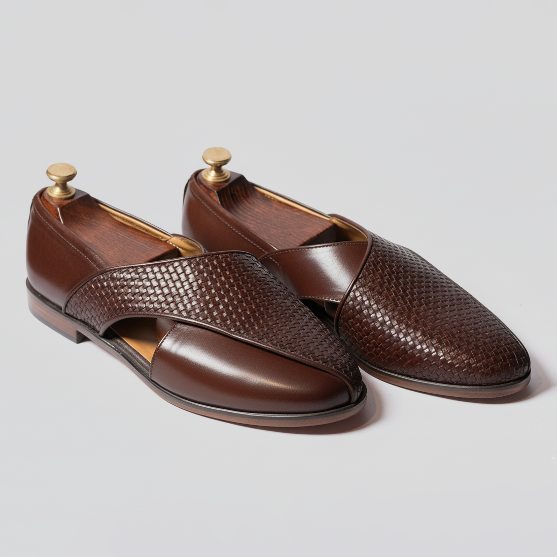 Brown Braided Leather Tana Peshawari Loafers | Wedding Shoes for Groom | Shoes for Haldi Mehendi Sangeet