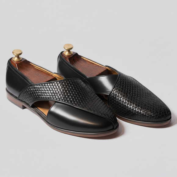 Black Braided Leather Tana Peshawari Loafers | Wedding Shoes for Groom | Shoes for Haldi Mehendi Sangeet