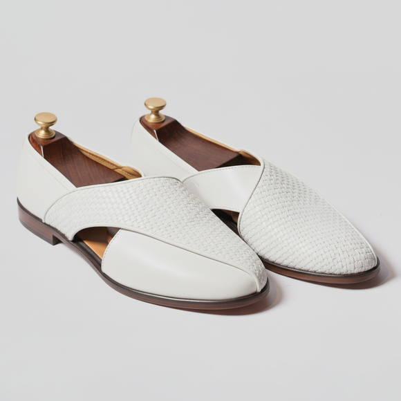 White Braided  Leather Tana Peshawari Loafers | Wedding Shoes for Groom | Shoes for Haldi Mehendi Sangeet