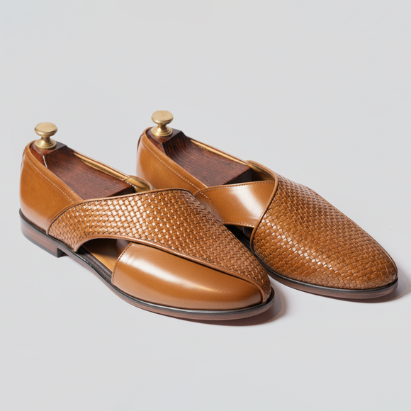 Tan Braided Leather Tana Peshawari Loafers | Wedding Shoes for Groom | Shoes for Haldi Mehendi Sangeet