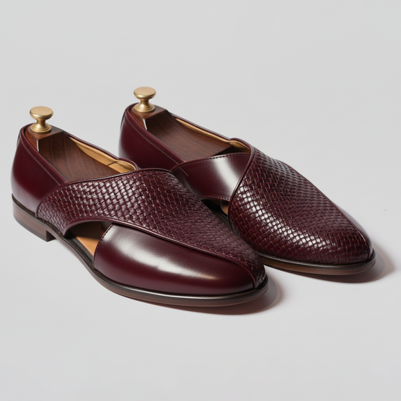 Burgundy Braided Leather Tana Peshawari Loafers | Wedding Shoes for Groom | Shoes for Haldi Mehendi Sangeet