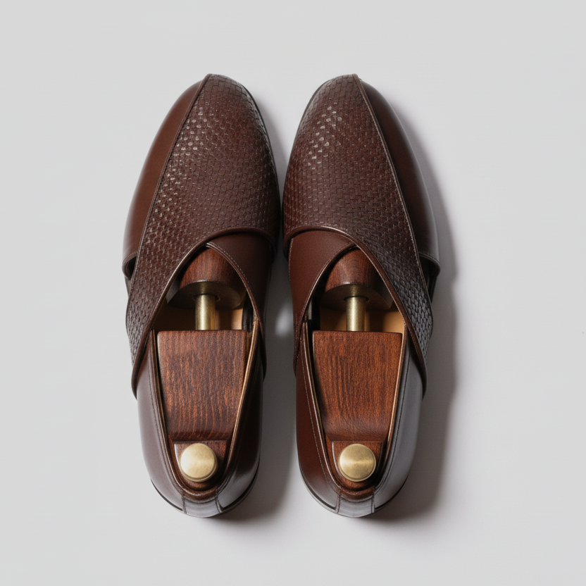 Brown Braided Leather Tana Peshawari Loafers | Wedding Shoes for Groom | Shoes for Haldi Mehendi Sangeet