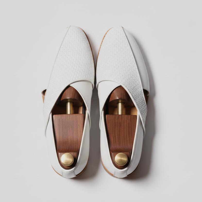 White Braided  Leather Tana Peshawari Loafers | Wedding Shoes for Groom | Shoes for Haldi Mehendi Sangeet