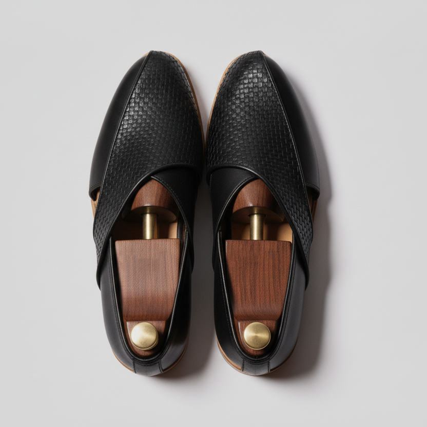 Black Braided Leather Tana Peshawari Loafers | Wedding Shoes for Groom | Shoes for Haldi Mehendi Sangeet