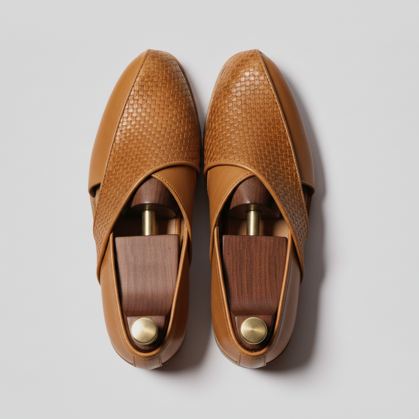 Tan Braided Leather Tana Peshawari Loafers | Wedding Shoes for Groom | Shoes for Haldi Mehendi Sangeet