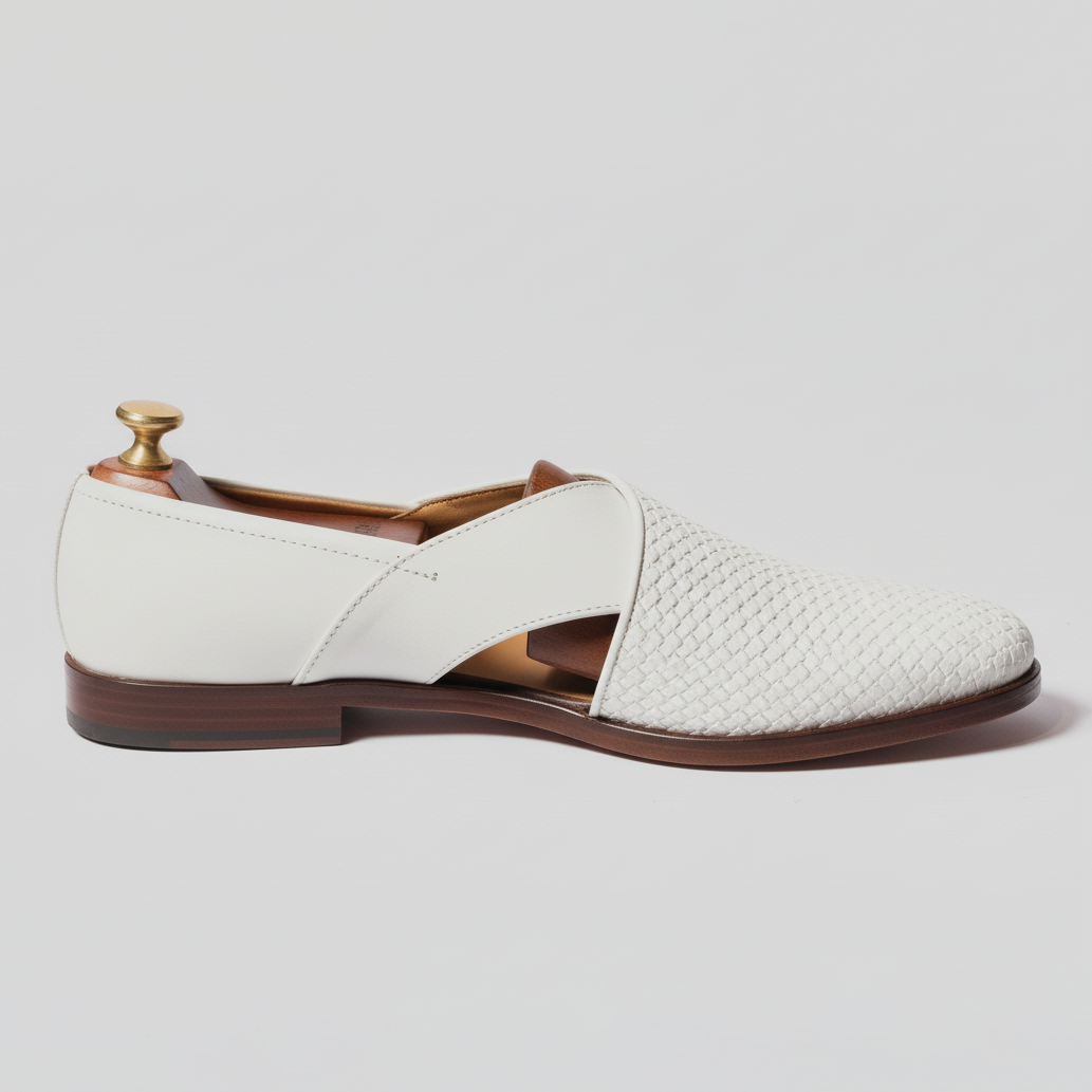 White Braided  Leather Tana Peshawari Loafers | Wedding Shoes for Groom | Shoes for Haldi Mehendi Sangeet