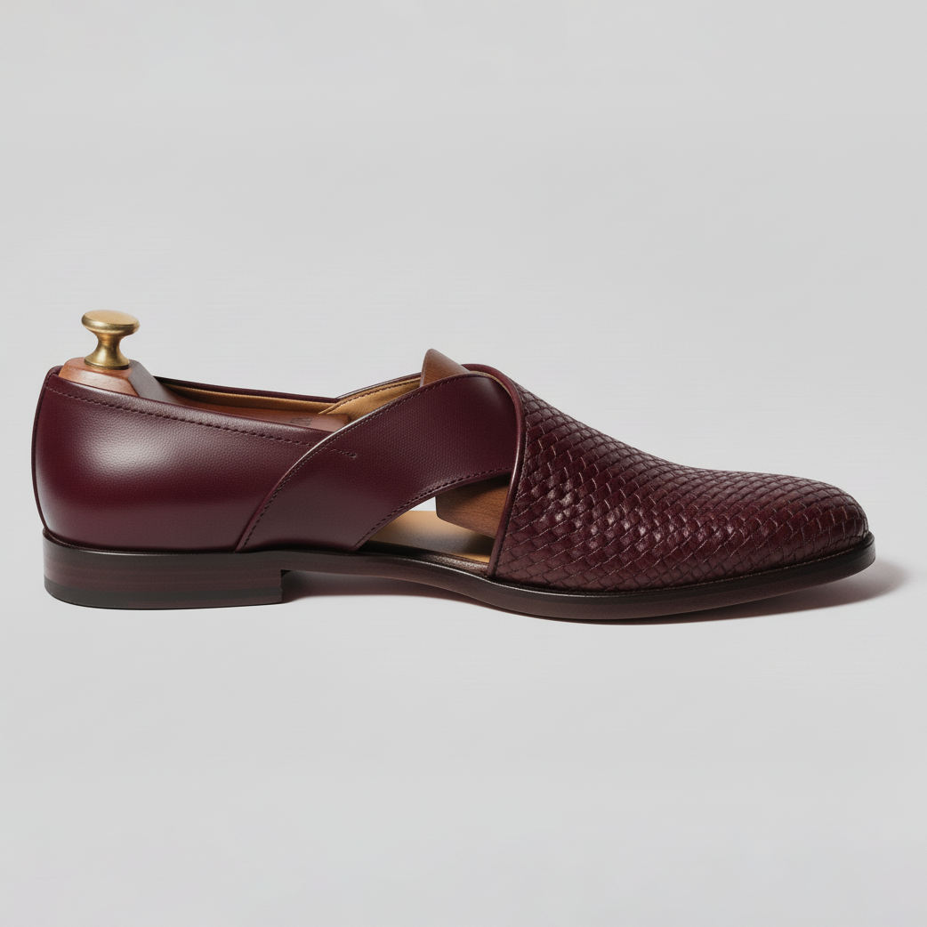 Burgundy Braided Leather Tana Peshawari Loafers | Wedding Shoes for Groom | Shoes for Haldi Mehendi Sangeet