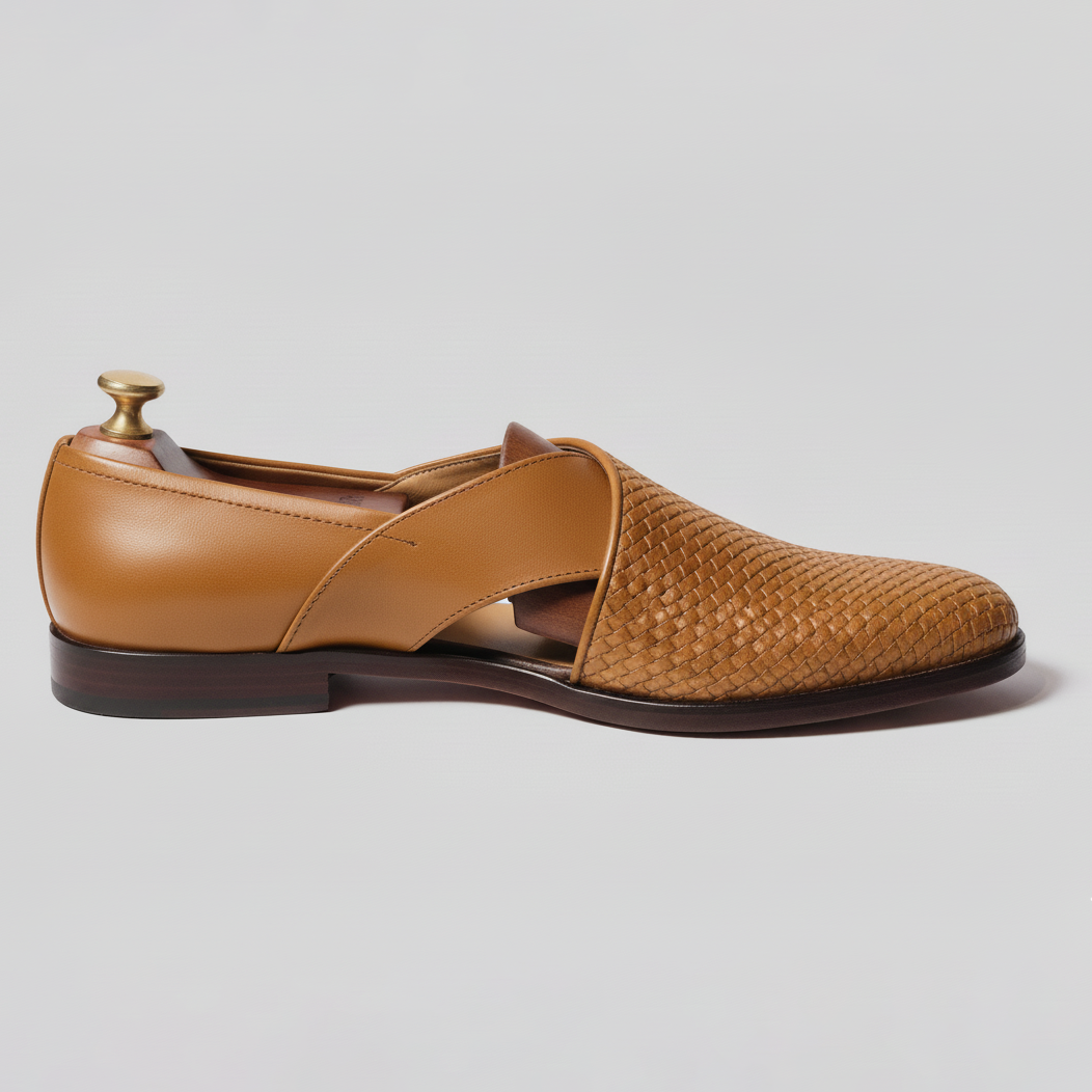 Tan Braided Leather Tana Peshawari Loafers | Wedding Shoes for Groom | Shoes for Haldi Mehendi Sangeet