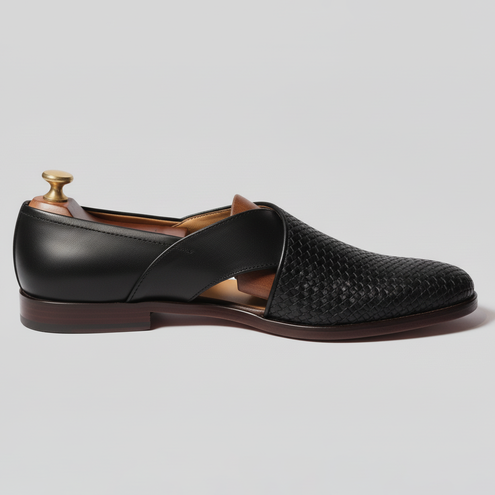 Black Braided Leather Tana Peshawari Loafers | Wedding Shoes for Groom | Shoes for Haldi Mehendi Sangeet