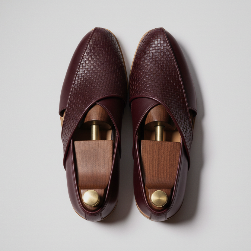 Burgundy Braided Leather Tana Peshawari Loafers | Wedding Shoes for Groom | Shoes for Haldi Mehendi Sangeet