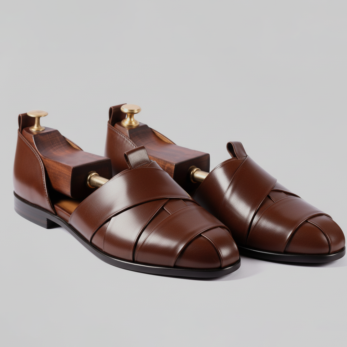 Brown Crossed Leather Tana Peshawari Sandals | Wedding Shoes for Groom | Shoes for Haldi Mehendi Sangeet