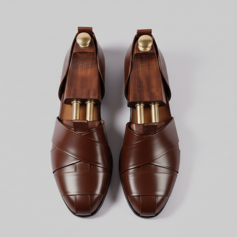 Brown Crossed Leather Tana Peshawari Sandals | Wedding Shoes for Groom | Shoes for Haldi Mehendi Sangeet