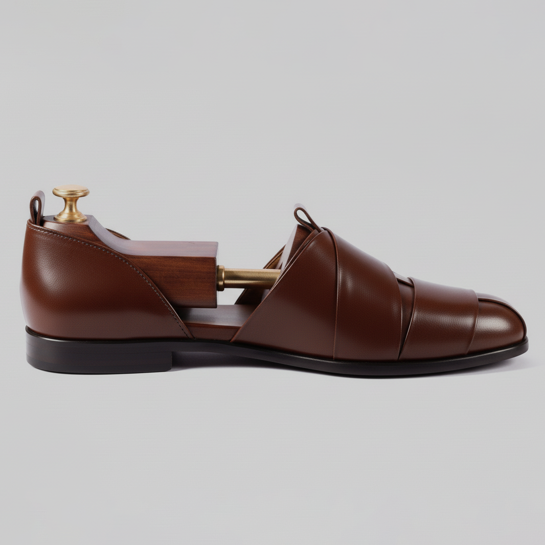 Brown Crossed Leather Tana Peshawari Sandals | Wedding Shoes for Groom | Shoes for Haldi Mehendi Sangeet