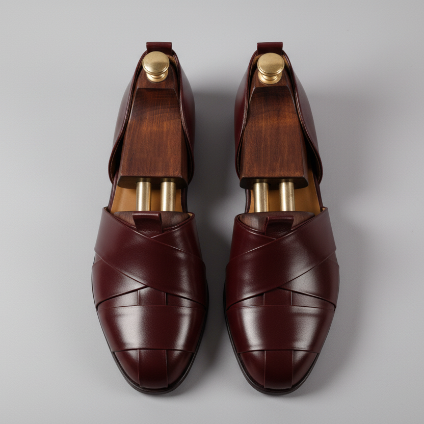 Burgundy Leather Tana Peshawari Loafers | Wedding Shoes for Groom | Shoes for Haldi Mehendi Sangeet