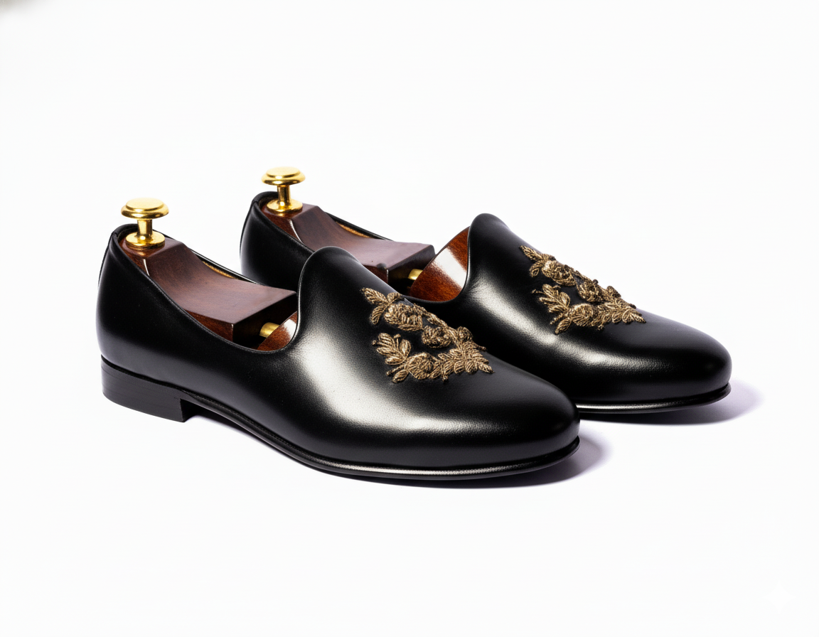 Black Leather Tana Peshawari Loafers | Wedding Shoes for Groom | Shoes for Haldi Mehendi Sangeet