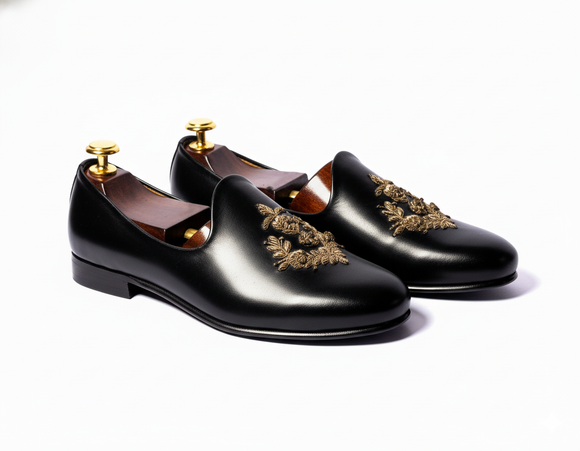 Black Leather Tana Peshawari Loafers | Wedding Shoes for Groom | Shoes for Haldi Mehendi Sangeet