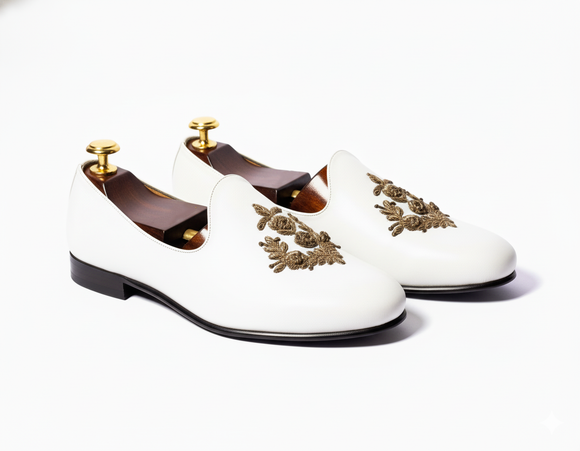 White Leather Tana Peshawari Loafers | Wedding Shoes for Groom | Shoes for Haldi Mehendi Sangeet