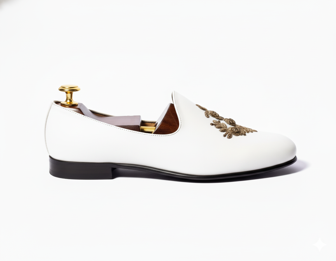 White Leather Tana Peshawari Loafers | Wedding Shoes for Groom | Shoes for Haldi Mehendi Sangeet