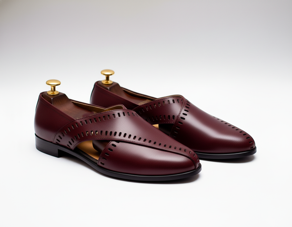 Burgundy Leather Tana Peshawari Loafers | Wedding Shoes for Groom | Shoes for Haldi Mehendi Sangeet