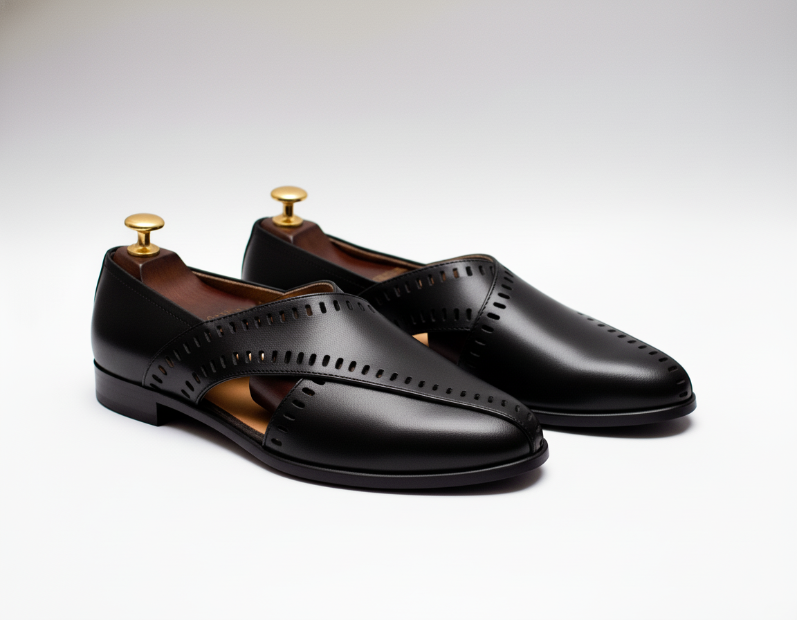Black Leather Tana Peshawari Loafers | Wedding Shoes for Groom | Shoes for Haldi Mehendi Sangeet