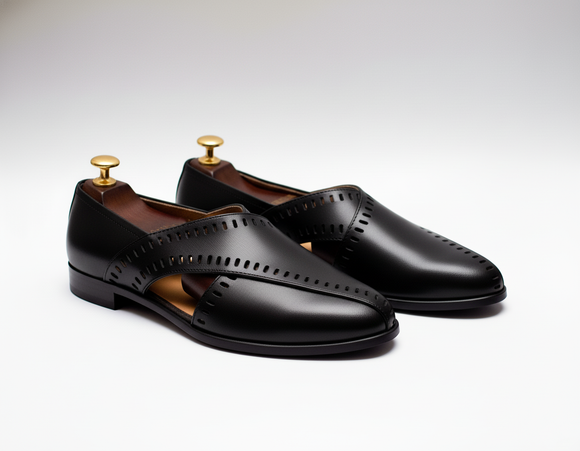 Black Leather Tana Peshawari Loafers | Wedding Shoes for Groom | Shoes for Haldi Mehendi Sangeet