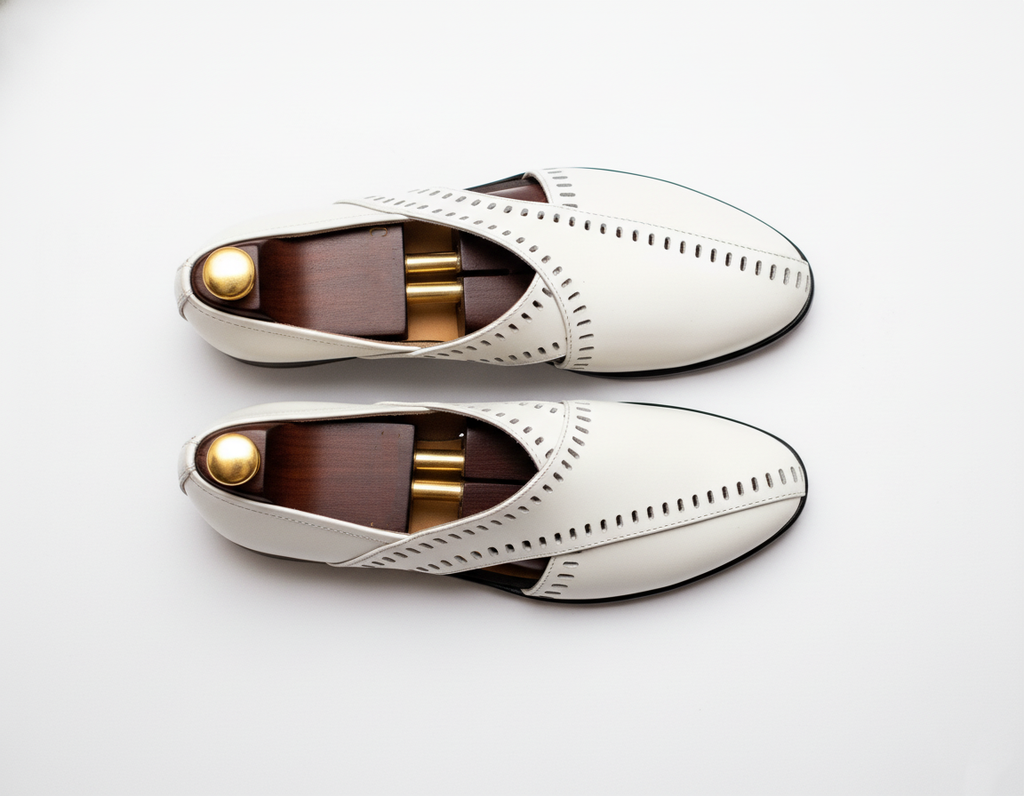 White Leather Tana Peshawari Loafers | Wedding Shoes for Groom | Shoes for Haldi Mehendi Sangeet