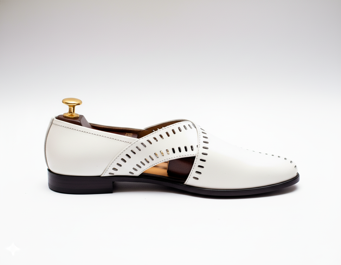White Leather Tana Peshawari Loafers | Wedding Shoes for Groom | Shoes for Haldi Mehendi Sangeet