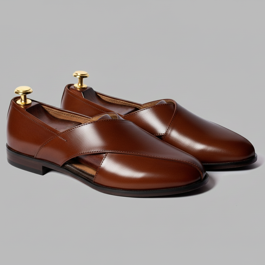 Brown Leather Tana Peshawari Loafers | Wedding Shoes for Groom | Shoes for Haldi Mehendi Sangeet