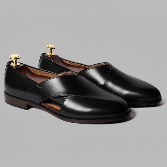 Black Leather Tana Peshawari Loafers | Wedding Shoes for Groom | Shoes for Haldi Mehendi Sangeet
