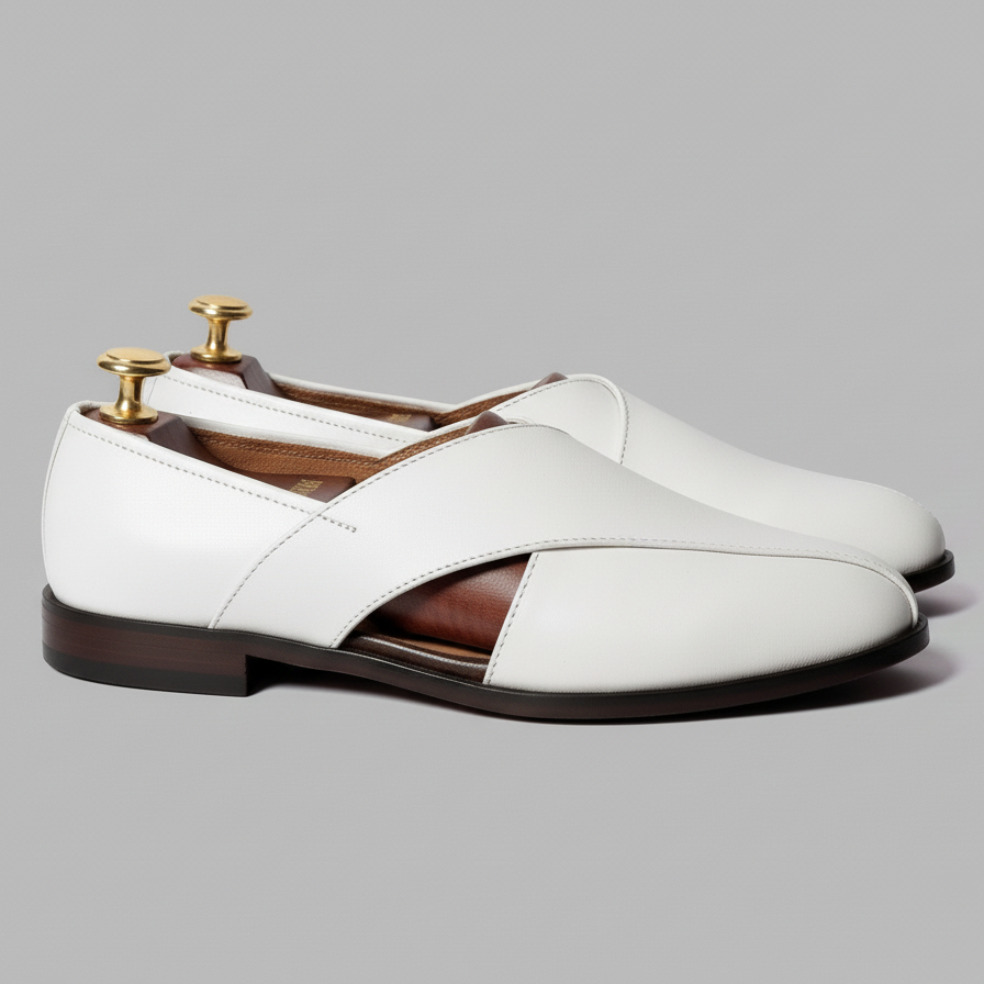 White Leather Tana Peshawari Loafers | Wedding Shoes for Groom | Shoes for Haldi Mehendi Sangeet