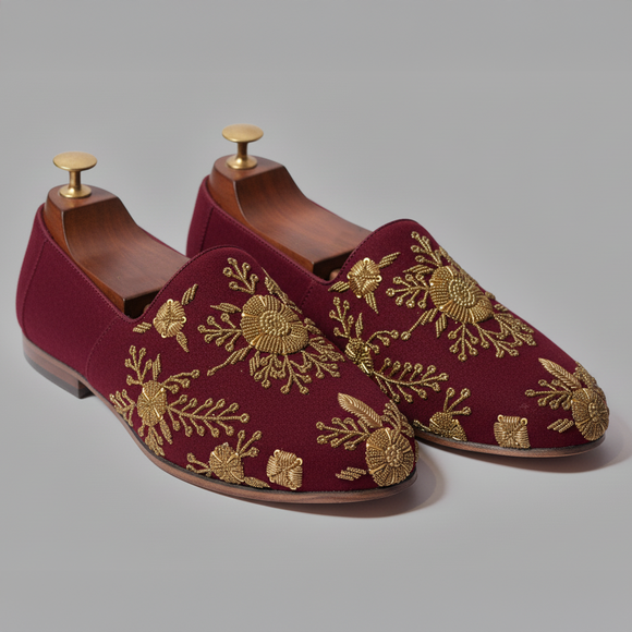 Burgundy Velvet Tana Peshawari Hand Embroidered Zardozi Loafers | Wedding Shoes for Groom | Shoes for Haldi Mehendi Sangeet