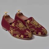 Burgundy Velvet Tana Peshawari Hand Embroidered Zardozi Loafers | Wedding Shoes for Groom | Shoes for Haldi Mehendi Sangeet