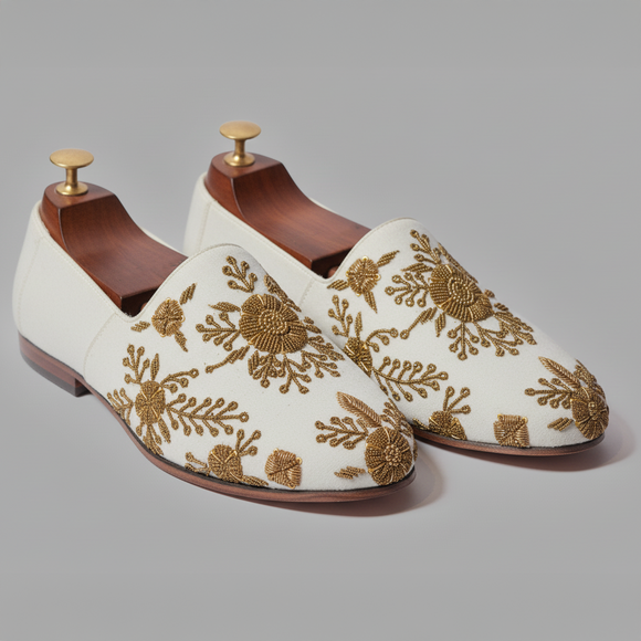 White Velvet Tana Peshawari Hand Embroidered Zardozi Loafers | Wedding Shoes for Groom | Shoes for Haldi Mehendi Sangeet