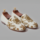 White Velvet Tana Peshawari Hand Embroidered Zardozi Loafers | Wedding Shoes for Groom | Shoes for Haldi Mehendi Sangeet