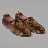 Brown Velvet Tana Peshawari Hand Embroidered Zardozi Loafers | | Wedding Shoes for Groom | Shoes for Haldi Mehendi Sangeet