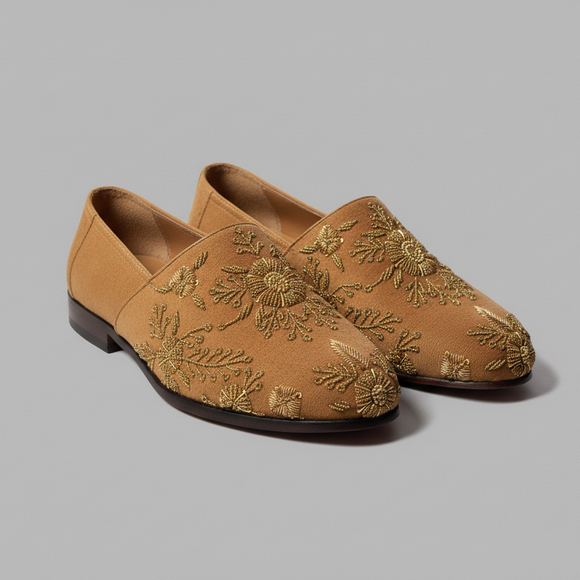 Tan Velvet Tana Peshawari Hand Embroidered Zardozi Loafers | Wedding Shoes for Groom | Shoes for Haldi Mehendi Sangeet