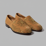 Tan Velvet Tana Peshawari Hand Embroidered Zardozi Loafers | Wedding Shoes for Groom | Shoes for Haldi Mehendi Sangeet