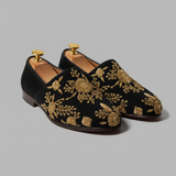 Black Velvet Tana Peshawari Hand Embroidered Zardozi Loafers | Wedding Shoes for Groom | Shoes for Haldi Mehendi Sangeet