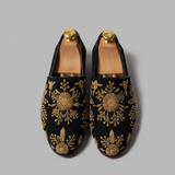 Black Velvet Tana Peshawari Hand Embroidered Zardozi Loafers | Wedding Shoes for Groom | Shoes for Haldi Mehendi Sangeet